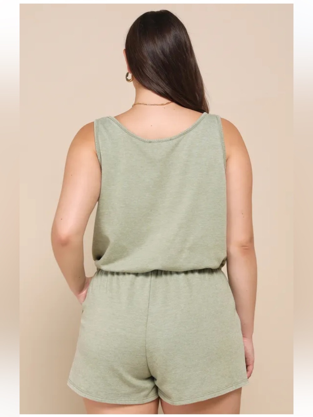 Lulus Perfect Lazy Day Sage Green Sleeveless Drawstring Lounge Romper - Picture 6 of 16